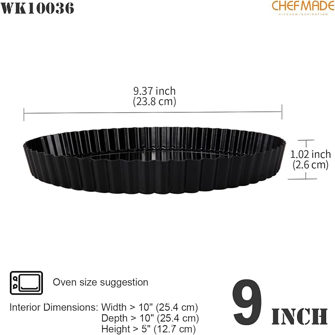 CHEFMADE 9.5-Inch Round Tart Pan with Removable Loose Bottom, Non-Stick Carbon Steel Quiche Pan for Oven Baking (Black)