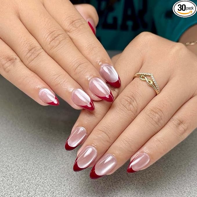 30Pcs French Press on Nails Short Almond ZWENJIE Cat Eye Fake Nails Press ons Nail Tips Stick on Nails Acrylic Nails Kit False Nails with Gradient Pink Tip Design Nail Art for Women Glitter Manicure
