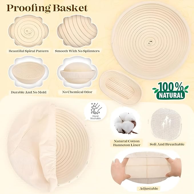 Complete Sourdough Starter Kit with Banneton Bread Proofing Baskets | 26-Piece Set with Starter Jar, Lame, Dough Whisk, Scraper & Sling - Sourdough Baking Supplies Gift for Beginners