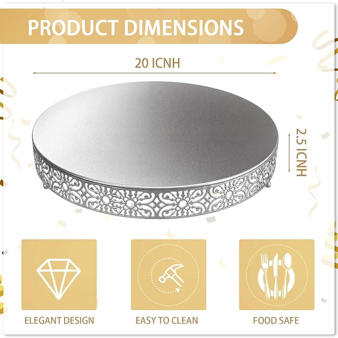 Wenqik 20 Inch Cake Stand Round Metal Cupcake Dessert Wedding Cake Stand Cookies Display Holder Fruit Food Serving Tray for Table Wedding Birthday Anniversary Party Decor (Silver)