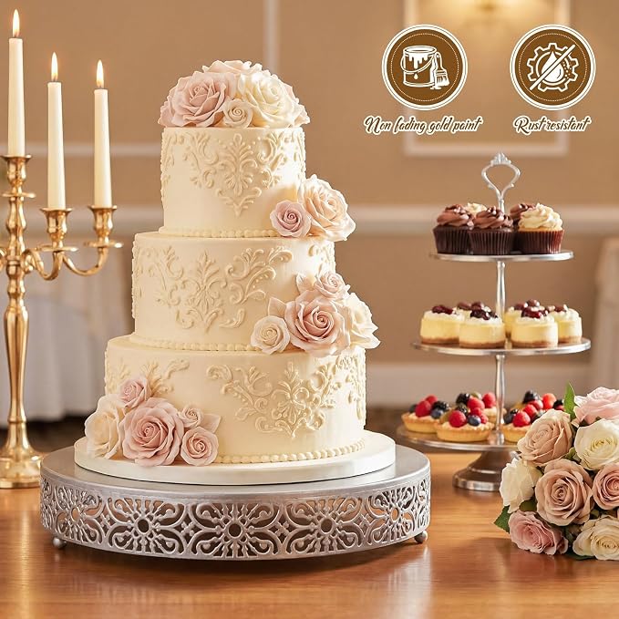 Wenqik 18 Inch Cake Stand Round Metal Cupcake Dessert Wedding Cake Stand Cookies Display Holder Fruit Food Serving Tray for Table Wedding Birthday Anniversary Party Decor (Silver)