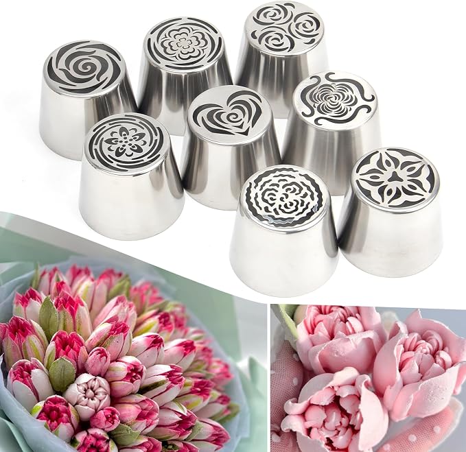 26-Piece Extra Large Russian Piping Nozzles Set Stainless Steel Rose Tulip Piping Tips, 8 Nozzles 2 Brushes 10 Piping Bags 1 Spatula 5 Scraper Cake Decorating Baking Tools (XXL, 22Piece)