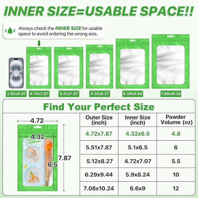 ANZNKU 100 Pack Lime Green Resealable Mylar Bags with Frosted Clear Window 4.72x7.87", Smell Proof Sealable Packaging Bags for Small Business, Foil Pouch Zip Goodie Bag for Candy Treat Jewelry