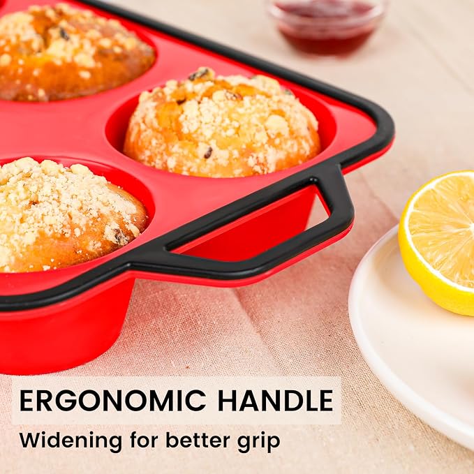 Vinino Jumbo Muffin Pan with Metal Reinforced Frame-2Pack, Silicone Cupcake Pan for Baking 6 Cup Jumbo Size, BPA Free Silicone Muffin Tray, Cupcake Baking Pan Molds for Oven Dishwasher Safe-Red