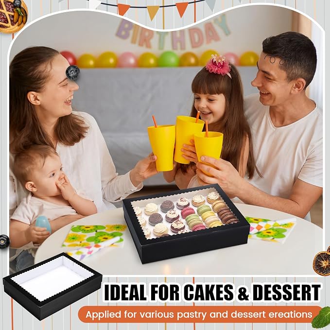 Sinload 10 Pcs 19x14x4 Inch Half Sheet Cake Boxes 5pcs Large Rectangle Bakery Boxes with 5pcs Cake Boards for Pastry Baking, Cupcakes, Donuts, Cookies, Pie Treat Packaging (Black)