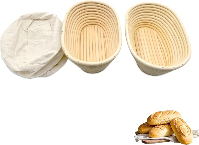 Bread Proofing Basket Set - 2 Oval Banneton Baskets with Linen Liners for Sourdough & Artisan Bread Making, Natural Rattan (8" x 5")