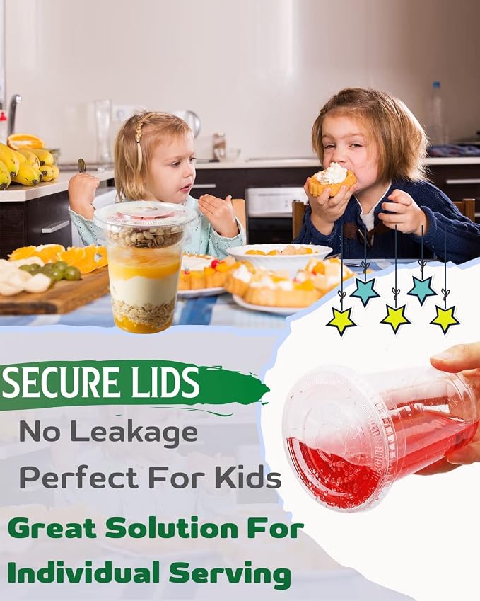 50 Sets 12 oz Clear Plastic Cups with Insert & Flat Lids(NO HOLE) - Disposable Parfait Cups with Lids for Fruit Yogurt Smoothie Iced Cold Drinks Dips and Veggies, No Leaking