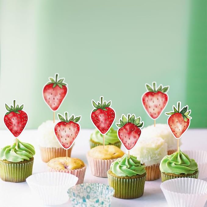 25pcs Watercolor Printed Strawberry Cupcake Toppers Red Strawberries Cupcake Picks for Strawberry Baby Shower Kids Boys Girls Berry Birthday Sweet Fruit Party Cake Decorations