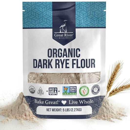 Great River Milling Organic Dark Rye Flour | Whole Grain, Non-GMO, Kosher, Unbromated | Earthy Flavor for Rye Bread, Sourdough Starter, Bagels, Crackers & Artisan Baking | 5 Lb