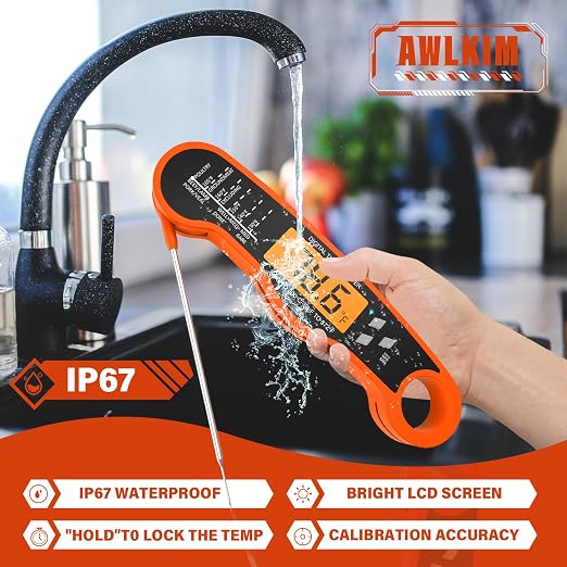 AWLKIM Digital Meat Thermometer, Instant Read Thermometer, Orange | Food thermometer for grill, BBQ, candy, oil and baking; backlit display, foldable probe and magnetic storage.