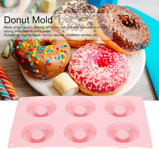 aqxreight 6 Cavity Silicone Donut Baking Pan Tray with Easy Release Reusable Biscuit Kitchen Tool for Cakes Donuts Candies Pink Blue Dessert Maker (Pink)