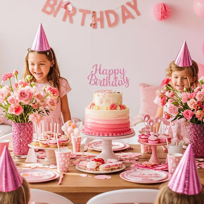 BEISHIDA Pink happy birthday Cake Topper, Happy Birthday Cake Bunting Decor,Birthday Party Decoration Supplies，Photo Booth Props