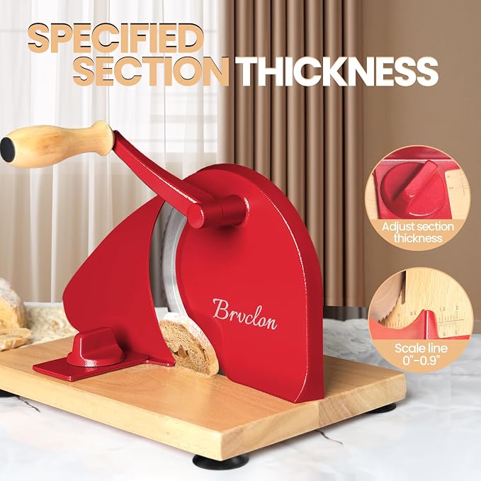 Brvclon Manual Bread Slicer for Homemade Sourdough,Adjustable Thickness,Hand Crank Bread Slicer with Stainless Steel Blade, Aluminum Alloy Frame & Solid Wood Base with Natural Wood Veneer Finish