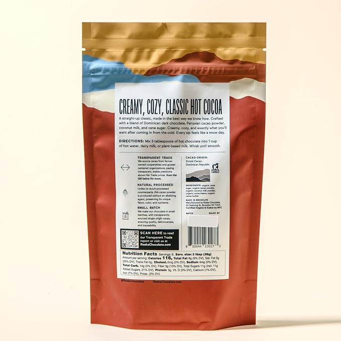 Raaka Premium Hot Chocolate Mix - Vegan, Organic, Gluten and Dairy Free - Lightly Sweetened Gourmet Hot Cocoa with Ethically Sourced Cacao - 8oz Bag Makes 9 Servings
