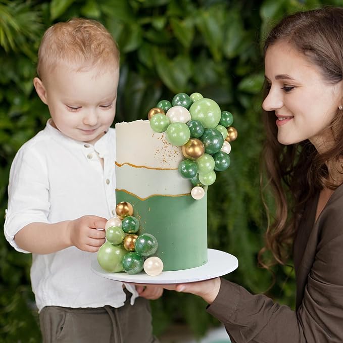 Ball Cake Topper Ball Cake Picks Colorful Pearl Ball Shaped Cupcake Insert Cake Topper for Bear Theme Birthday Party Favors Wedding Decoration (Green White Gold)