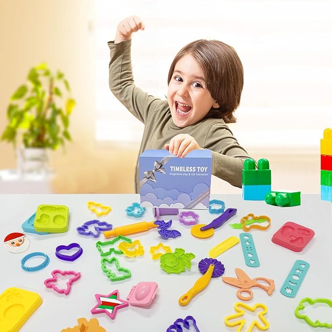 Dough Tools Play for Kids-Dough Accessories Molds Dinosaur Fruit Roller Cutter Scissor and Storage Box, Party Favors Set for Age 3+