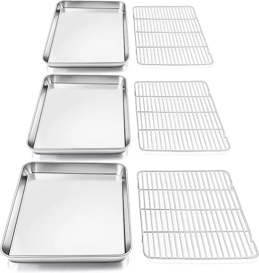 3 Set Baking Sheet with Rack, Stainless Steel Cookie Sheet with Cooling Rack(3 Pans + 3 Racks), Nonstick Baking Pan, Heavy Duty Cookie Sheets for Cooking, Oven & Dishwasher Safe, 9/12/16 Inch