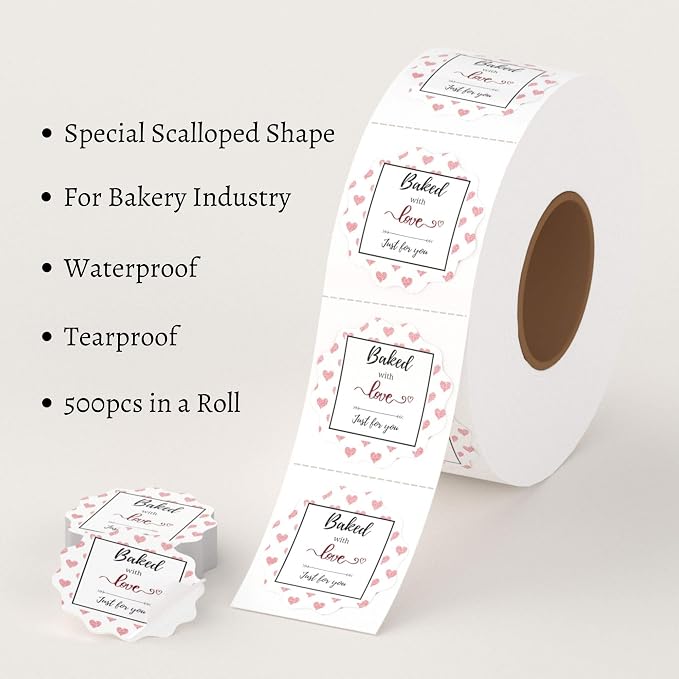 Mobiusea Creation Baked with Love Stickers Roll | Scalloped Cut | Waterproof | 1.5 inch | 500 Labels for Cookie Cupcake Stickers Homemade Bakery Bread Bags Labels Baked Goods Packaging