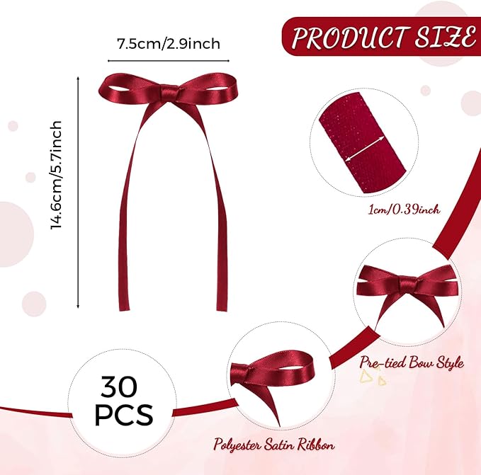 30 Pack Bow Cake Toppers Wine Red Ribbon Bows for Cake Burgundy Bow Cupcake Toppers Back to School Decorations Bow Birthday Decorations for Wedding, Baby Shower, Bachelorette Party, Bridal Shower