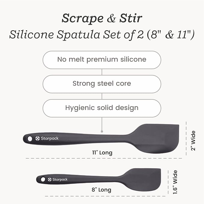 Starpack 'Scrape & Stir' Silicone Spatula Set (2 Pcs) - Heat Resistant Spatulas Set 600°F - Food Grade Kitchen Spatulas - LFGB Grade Nonstick Baking and Cooking Rubber Spatula Set - Gray/Black