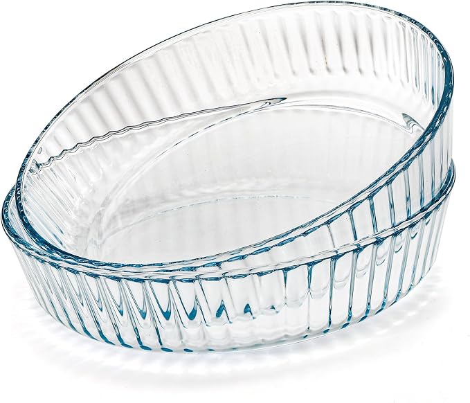 2 Pack Glass Pie Plates, 10 Inches Round Deep Baking Pie Dish, Clear Oven Safe Fluted Pie Serving Pan, Non-Stick Quiche Bakeware Set for Apple Pies, Tart, Salad, Dessert, Microwave & Oven Safe