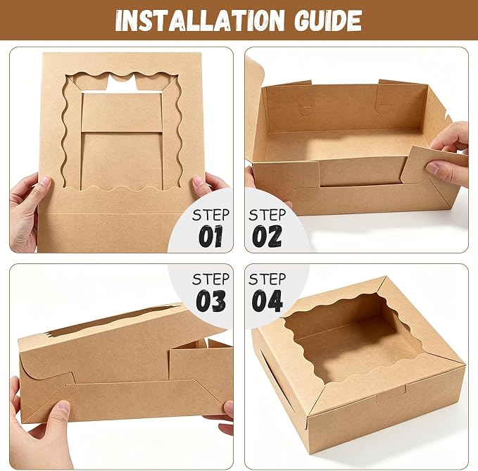 20 Pack Natural Kraft Paper Bakery Boxes with Clear PVC Window, 7x7x2.5 inch Pie & Cookie Boxes, Large Brown Containers for Pastries, Cupcakes, Cakes & Desserts