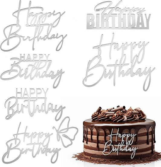6Pcs Cake Toppers Happy Birthday Acrylic Cake Topper Happy Birthday Cake Sign Picks Happy Birthday Cake Decorations Cake Stick Decor for Celebrating Birthday Anniversary Party(Silver)