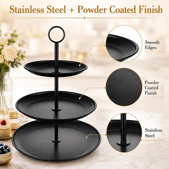 YOUNTHYE Black Cupcake Stand 3 Tier, Stainless Steel Tiered Dessert Stand for Wedding, Birthday, Tea Party, Holiday Dessert Table, Serving Tray for Cupcakes, Cookies, Macarons and Fruit