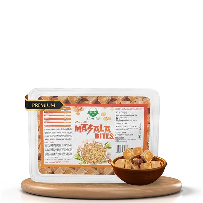 Danodia Foods Masala Jaggery Bites, Cane Gur Sweetener, 1 lb, Pantry Snack | Snackable spiced gur pieces and cane sweetener for chai, tea, coffee, desserts and pantry use; no preservatives used; recipes