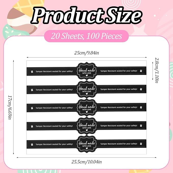 100PCS Black Food Retail Package Seal Labels Sticker, 9x1 Inch Tamper Proof Stickers, Tamper Evident Stickers Baking Gift Box Sticker for Handmade Baking Craft Arts, Freshness Labels