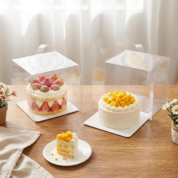 Lawei 50 Pack Clear Cake Boxes with Handles, 6x6x6 Inch Square Transparent Bakery Box for 4-5 Inch Mini Cakes, Pastries, Donut, Treat Boxes, Gift Packaging Display Box for Wedding, Birthday, Party