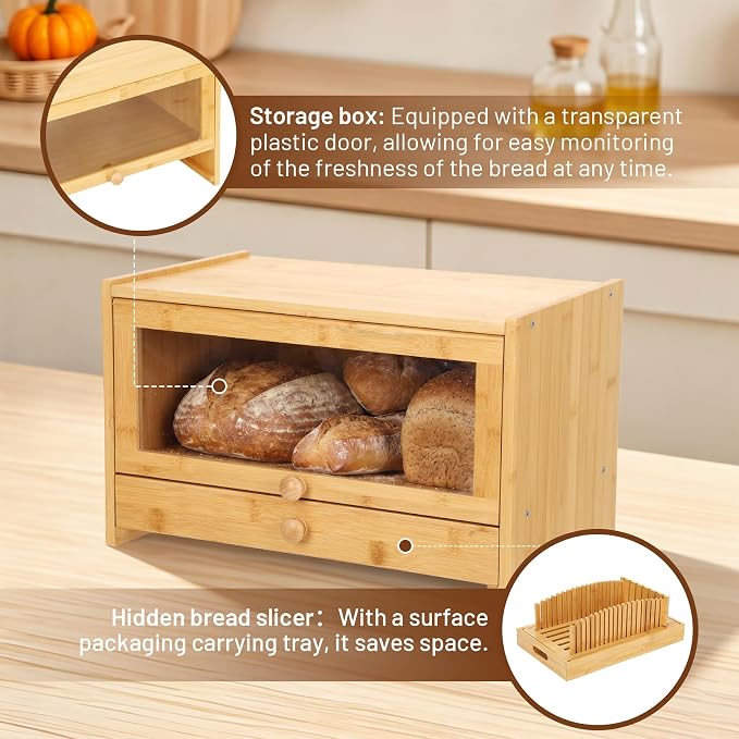3 in 1 Bread Slicer with Bread Box and Bread Serving Tray, Bamboo Bread Slicer for Homemade Bread, Multifunctional Bread Storage Container for Slicer Storage and Bread Tray