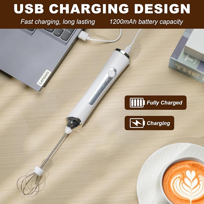 Handheld Electric Milk Frother with 2 Heads, Coffee Whisk Foam Mixer with USB Rechargeable 3 Speeds, Foam Maker Blender for Latte, Cappuccino, Hot Chocolate, Egg (Type 2)
