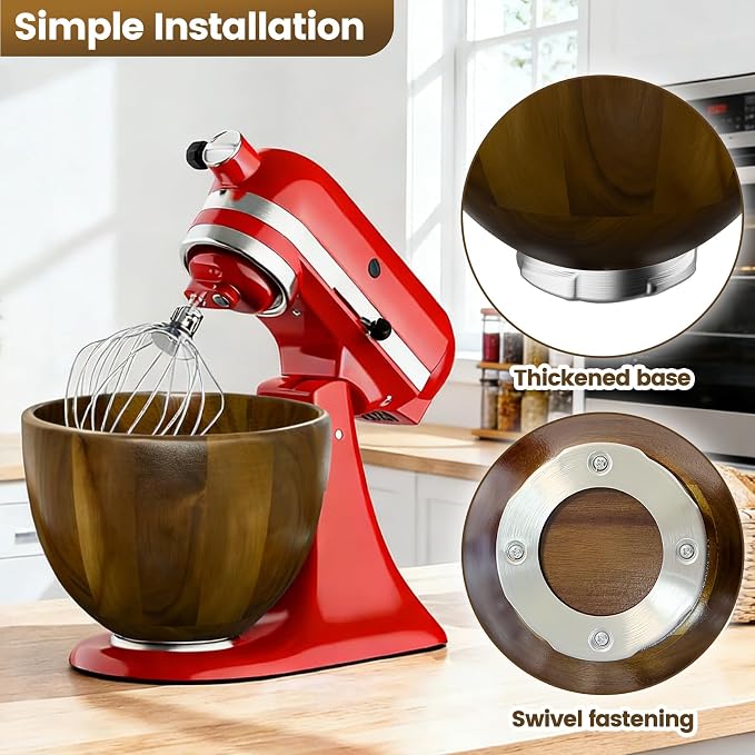 Premium Walnut Wood Mixing Bowl Compatible with KitchenAid 4.5 & 5 QT Tilt-Head Models, Handmade Natural Walnut Wooden Bowl with Stainless Steel Locking Base | 5QT