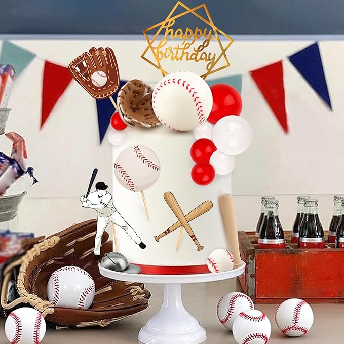 23Pcs Baseball Cake Toppers for Boys Baseball Cake Decorations with Baseballs Bat Glove Hat Player Red White Balls for Baseballs Themed Birthday Party Decorations Sports Theme Party Decoration