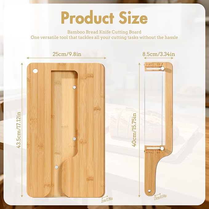 Adjustable Bread Knife Set, Bread Slicer with Cutting Board for Homemade & Sourdough Loaves, Precision Thickness Guide, Magnetic Storage, Bow Bread Cutter Gift for Artisan Bakers