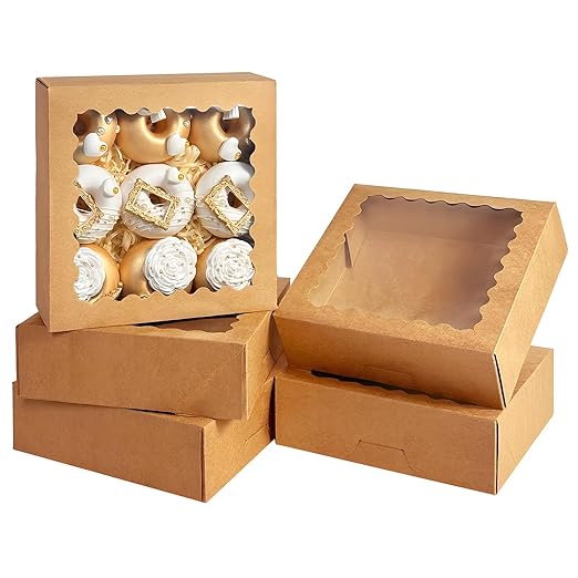 Bakepacker 36pcs Brown Pie Boxes 9x9x2.5 inches Easy Assemble Macaroon Cookie Boxes Bakery Boxes with Window for Bakery (Auto-pop Up)