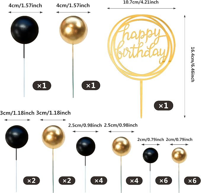 Colorful Balls Cake Topper Pearl Balls Cake Topper Happy Birthday Cake Insert Pick DIY Pile Up Insert for Wedding Birthday Party Baby Shower Cake Decoration (Black and Gold)