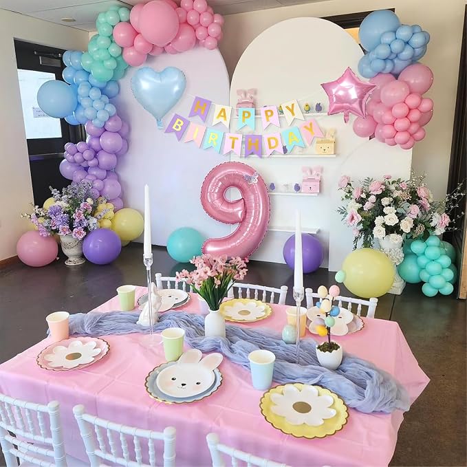 Pastel 9th Birthday Decorations for Girl,Macaron Rainbow 9th Party Decoration Colorful Balloons Banner Star Heart Number 9 Foil Balloon Cake Topper Butterfly Party Decorations