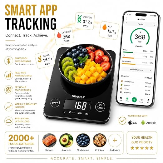 URAMAZ Smart Food Scale with Nutritional Calculator, Digital Kitchen Scale with Bluetooth App for Weight Loss, Food Weight Scale for Diet, Keto, Macro, Calories Counting, Tracking, 11lb