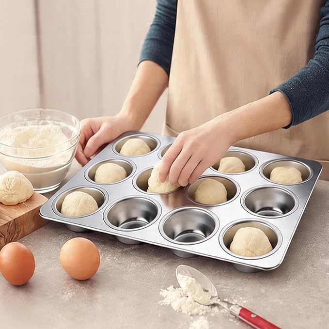 LIANYU 12 Cups Muffin Pan for Baking, 2 Pack Stainless Steel Muffin Cupcake Tin, Regular Size Muffin Cupcake Tray Pan for Oven, Metal Cupcake Mold for Mini Muffin Cake, Non-toxic, Dishwasher Safe
