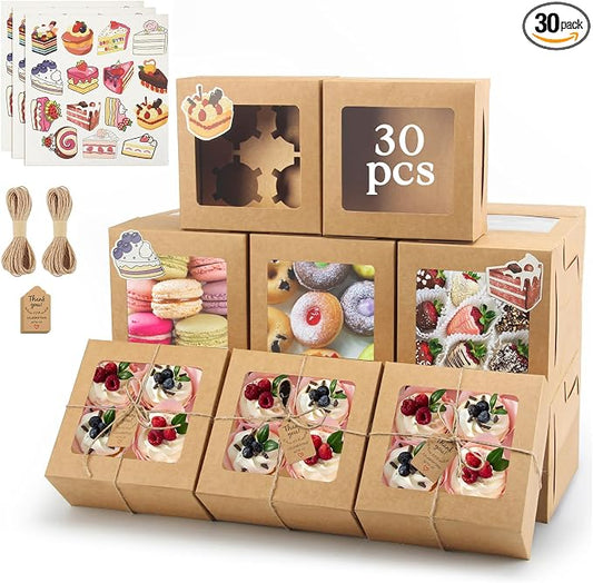 OAMCEG 30 Pack Cupcake Boxes with Window, 6x6x3 Inches Cookie Boxes, Bakery Treat Boxes for Pastry, Desserts, Chocolate Strawberries, Cupcake Containers, Gift Giving with Stickers & Twine （Brown）