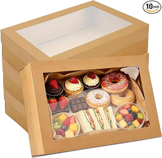 10 Pack Bakery Boxes with Window, 13.78x9.84x3.15 Inch Cookie Boxes, Large Cardboard Pastry Boxes, Take out Containers for Baking Pies, Cakes, Muffins and Pastries (M)