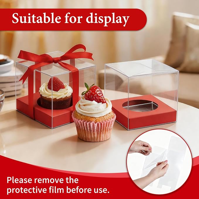 50 Pcs Red Clear Plastic Cupcake Boxes, Individual 3.5 Inch Single Holder Containers with Insert and Ribbon, Paper Base for Wedding, Birthday, Party Favor Gift