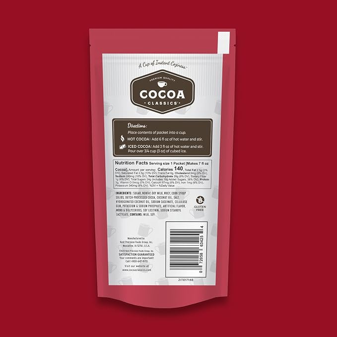 Cocoa Classics Raspberry Cocoa Mix, Hot or Iced, 1.25oz, 36 Pack | Raspberry cocoa mix with sweet, fruity flavor and chocolate notes; just add water for hot or iced cocoa with smooth taste