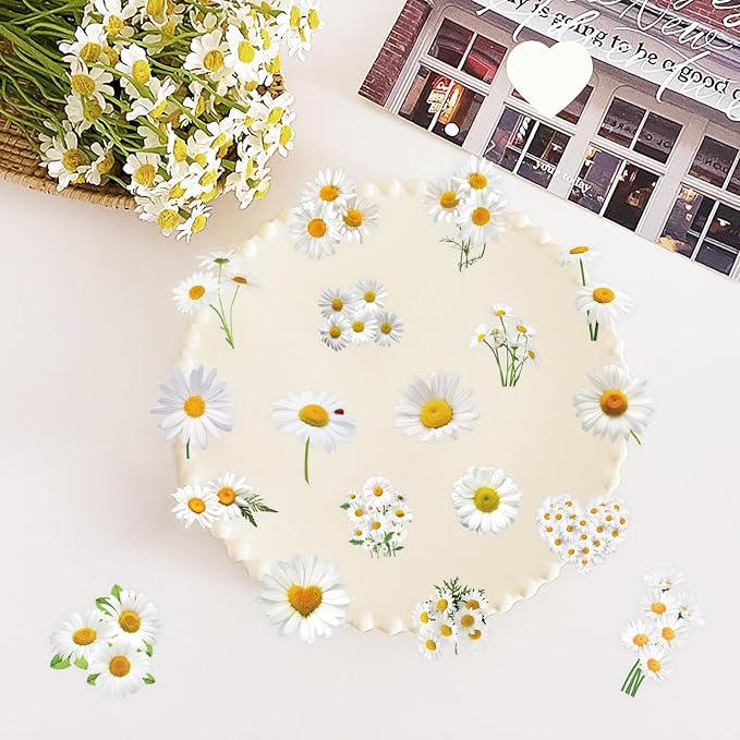 Daisy Flower Stickers - 50PCS Aesthetic White Daisy Stickers Waterproof PET Decals for Journaling, Scrapbooking, Water Bottles, Laptops, Perfect for Plant Lovers & Craft Enthusiasts