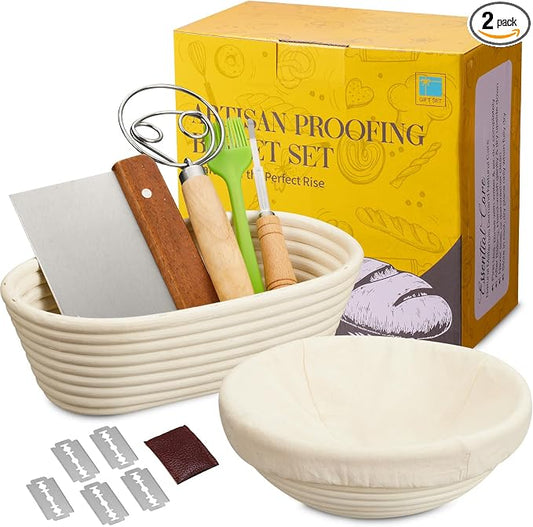Dimpola Banneton Bread Proofing Basket - Banneton Basket Set Sourdough Proofing Basket Round Proofing Bowls Handmade Rattan Baskets and Liners (Oval & Round Gift Set)