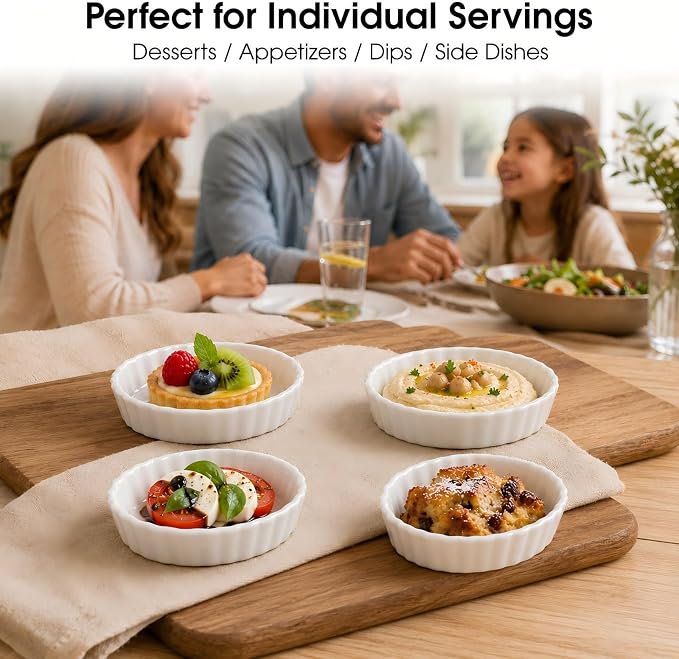 4-Piece Porcelain Baking Dish Set - 4 OZ 5.2 Inch Small Ramekins Pie Pans, Oven Safe Ramekins for Quiche, Tart, Dessert, Creme Brulee, Au Gratin | Stackable, Dishwasher Safe
