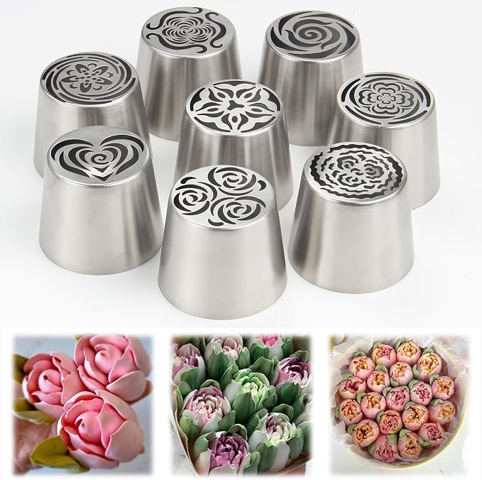 8pack Russian Piping Flower Nozzles Extra Large, Stainless Steel Rose Floral Piping Nozzles for Cake Decorating Icing, Cream Flower Bouquet DIY Cookies, Desserts Baking Tools (XXL,8A）