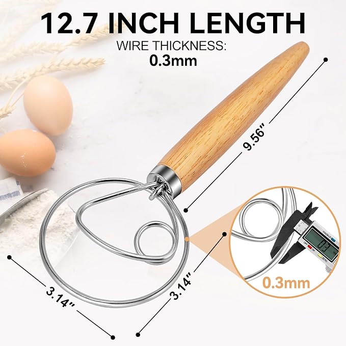 TEEVEA Danish Dough Whisk 13 Inch | Material: food grade stainless steel wooden handle; Use: mix sourdough bread dough; Feature: rust proof; Scene: home baking